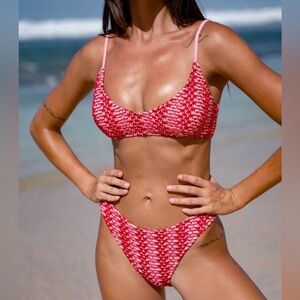 Berlook Red Textured Bikini Set with Pink Straps - Women Swim